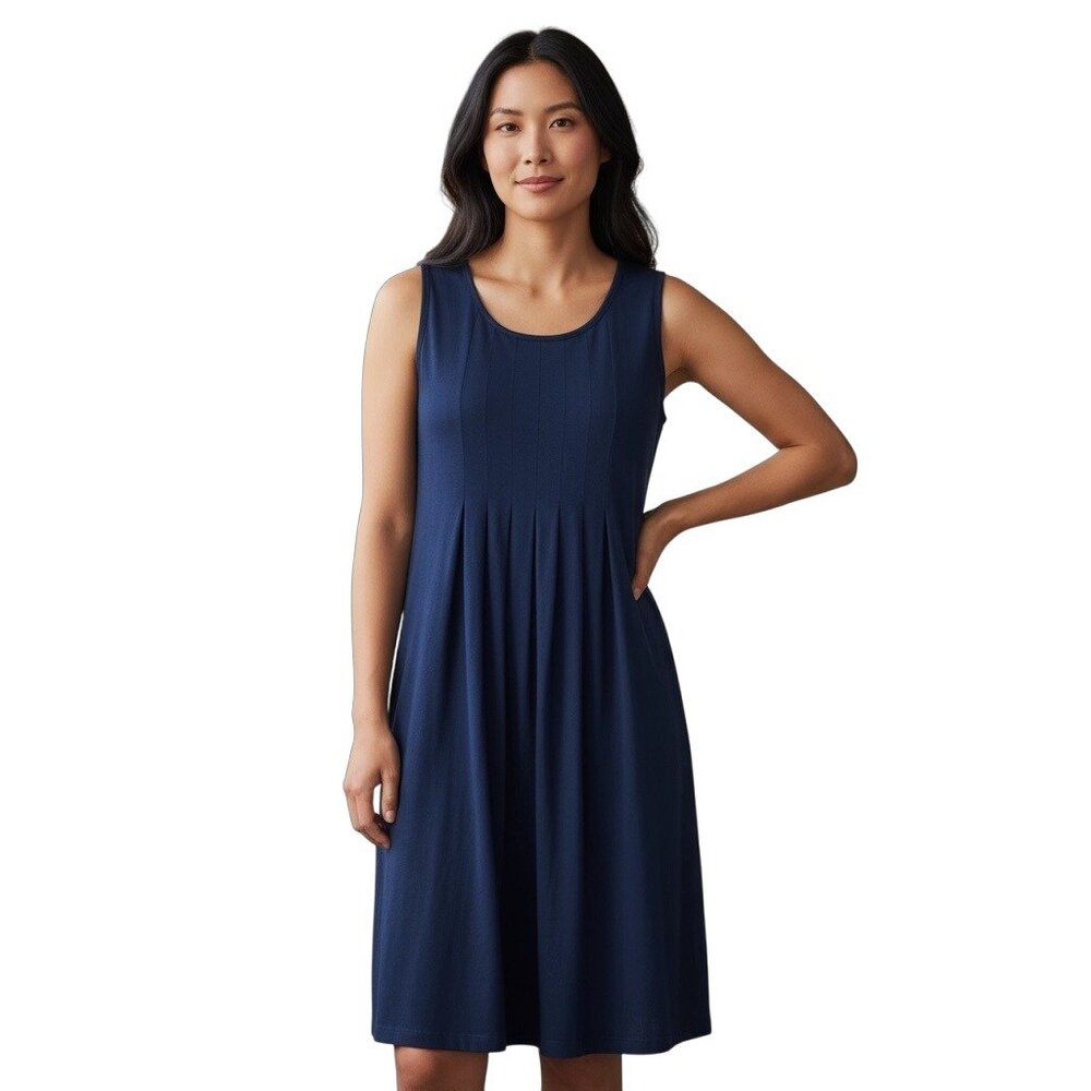 Poetsky Womens Navy Sleeveless Pleated A-Line Dress